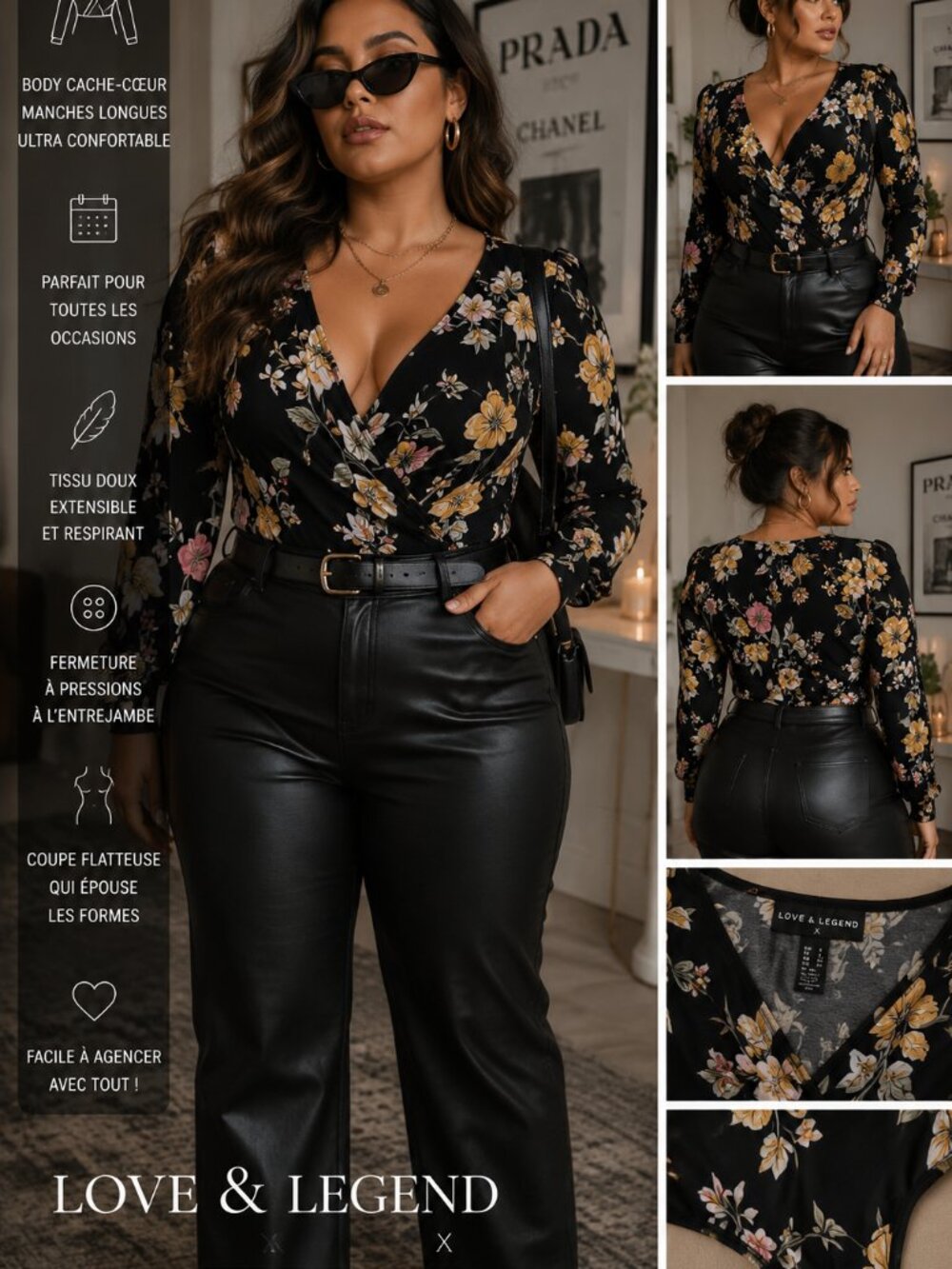 Love & Legend Floral Wrap Bodysuit – Black Long Sleeve Body Suit – Size X